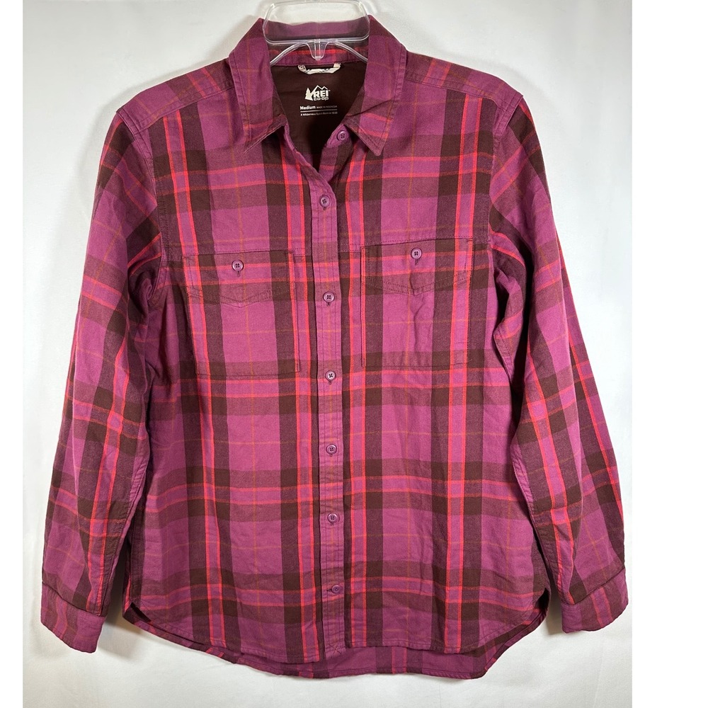REI Co-Op Medium Plaid Flannel Shirt Long Sleeve Button Down Purple Berry Brown